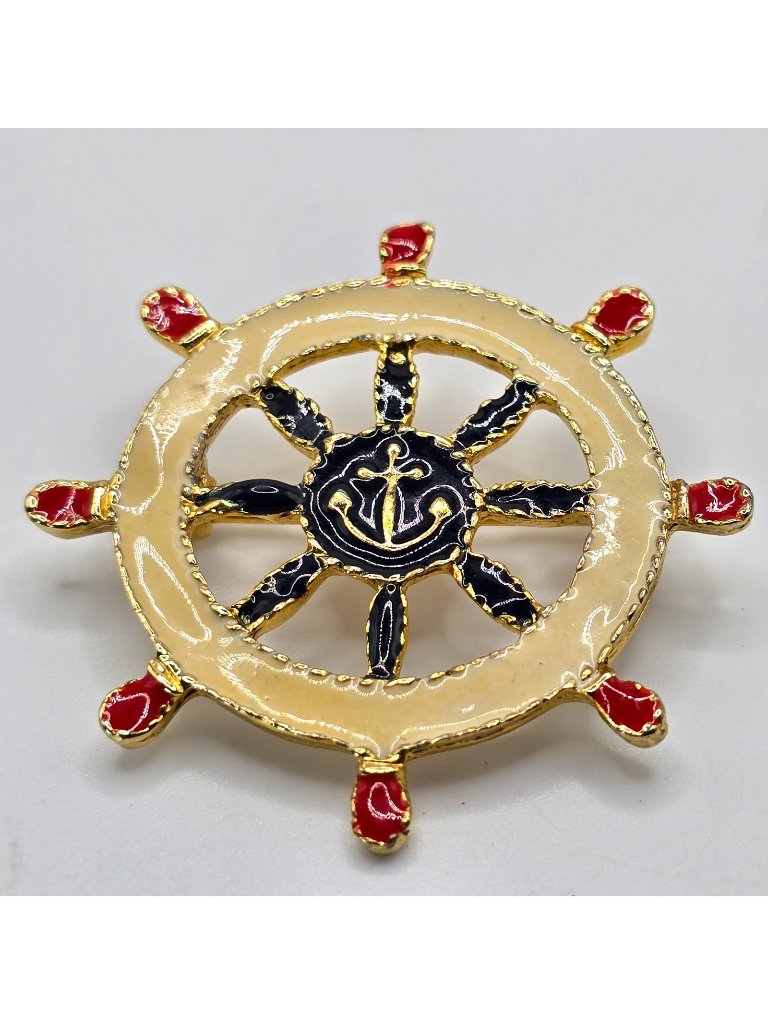 Nautical Ship Wheel Brooch M Jent Red White Blue Anchor Sailing Signed Sailor